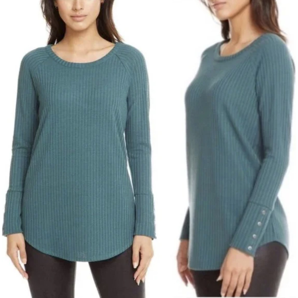 Chaser Women's Long Sleeve Waffle Knit Olive Green Button Sleeve Thermal Top XL